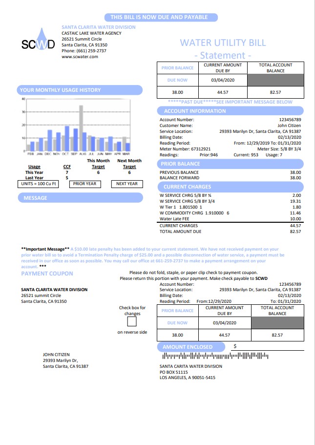 USA California Santa Clarita Water Division (SCWD) utility bill template in Word and PDF format